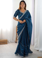 Prazu Fashion Rama Thread Sequence Organza Silk Party Wear Saree | Grocsy