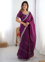 Prazu Fashion Wine Thread Sequence Organza Silk Party Wear Saree | Grocsy