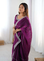 Prazu Fashion Wine Thread Sequence Organza Silk Party Wear Saree | Grocsy