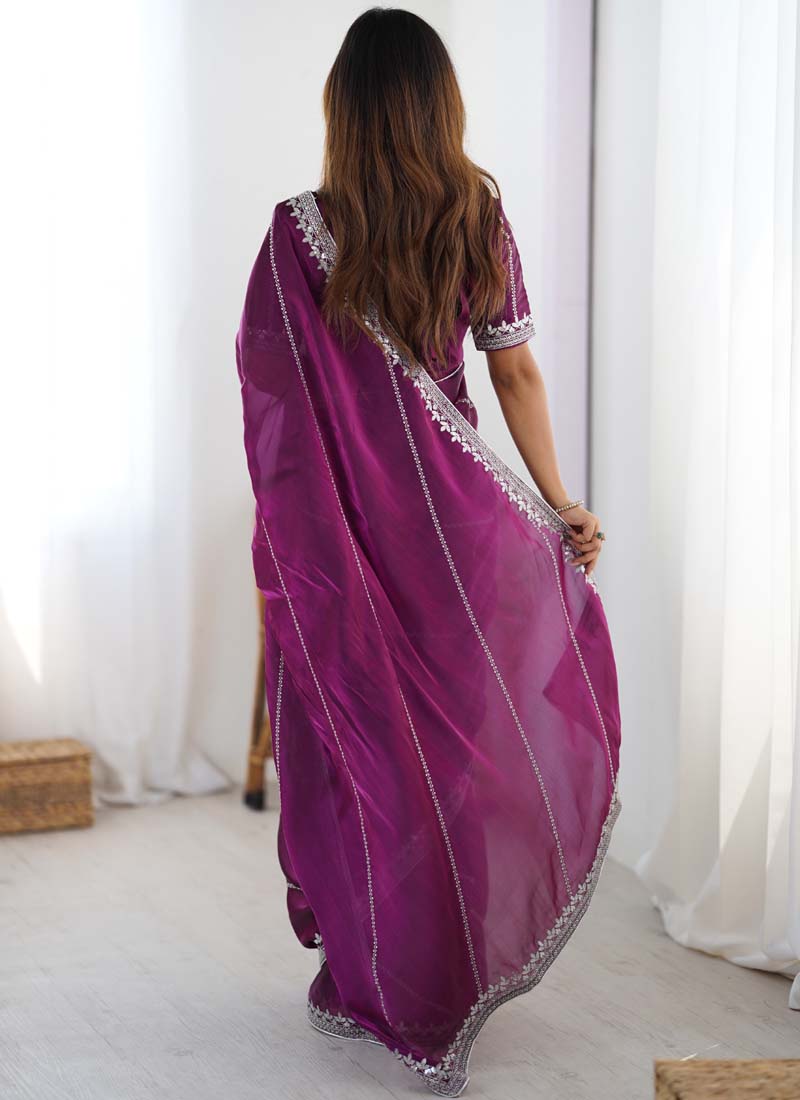 Prazu Fashion Wine Thread Sequence Organza Silk Party Wear Saree | Grocsy