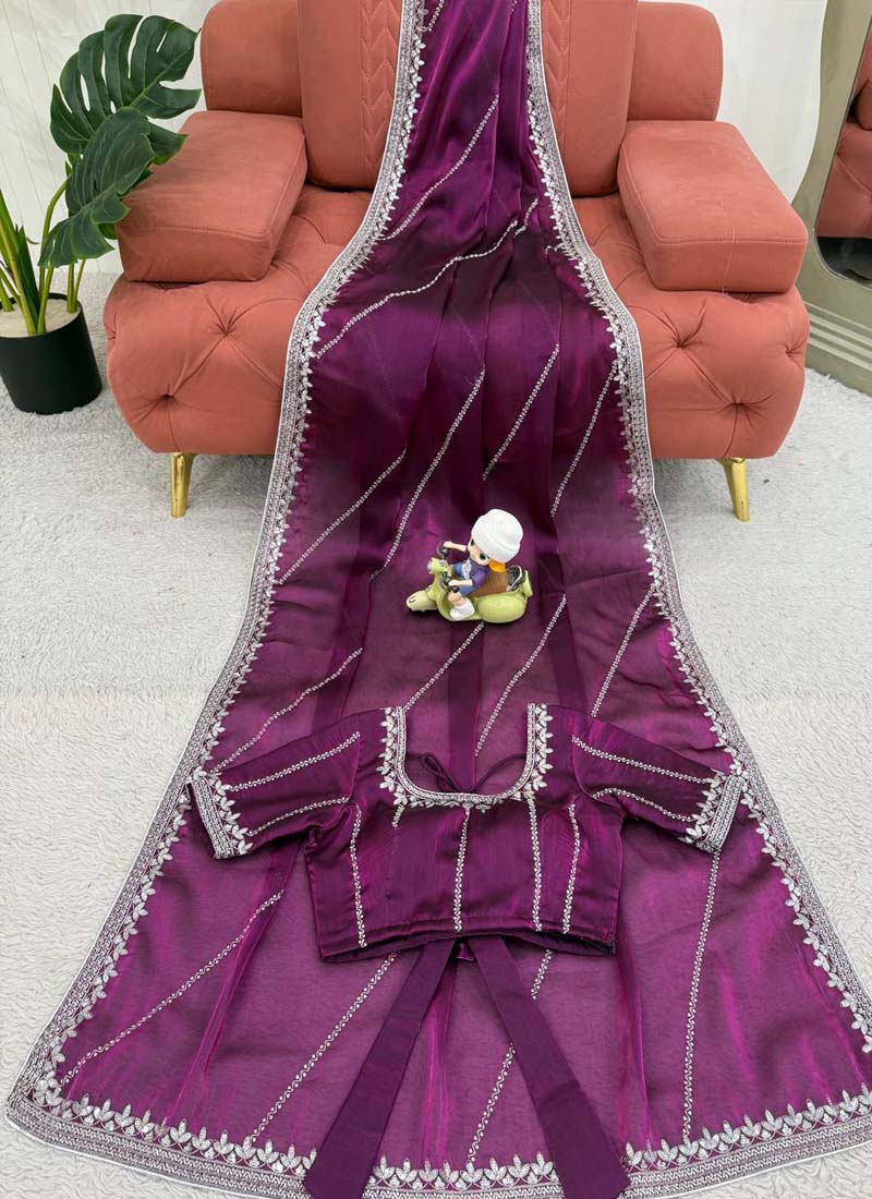 Prazu Fashion Wine Thread Sequence Organza Silk Party Wear Saree | Grocsy