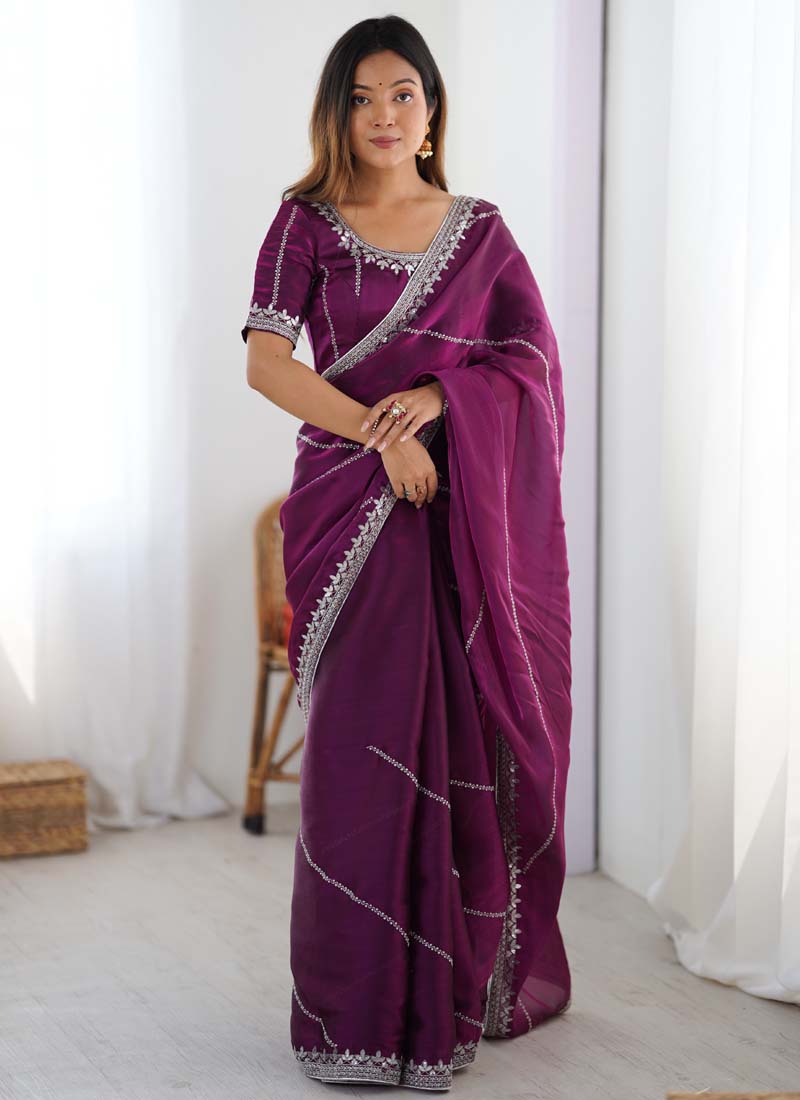 Prazu Fashion Wine Thread Sequence Organza Silk Party Wear Saree | Grocsy
