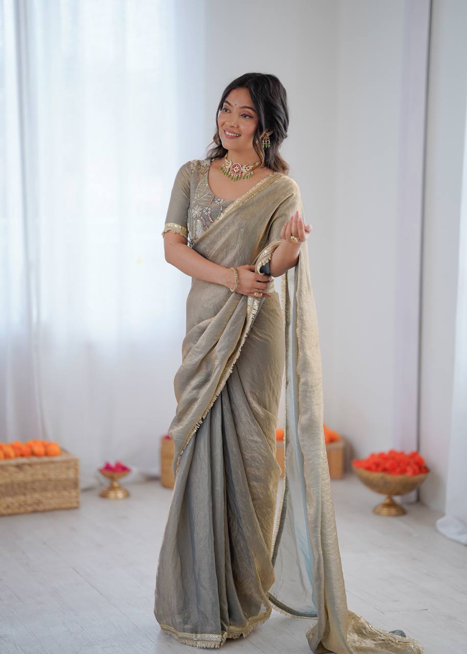 Prazu Fashion Light Grey Golden Shaded Fendi Silk Ready To Wear Saree | Grocsy