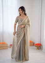 Prazu Fashion Light Grey Golden Shaded Fendi Silk Ready To Wear Saree | Grocsy