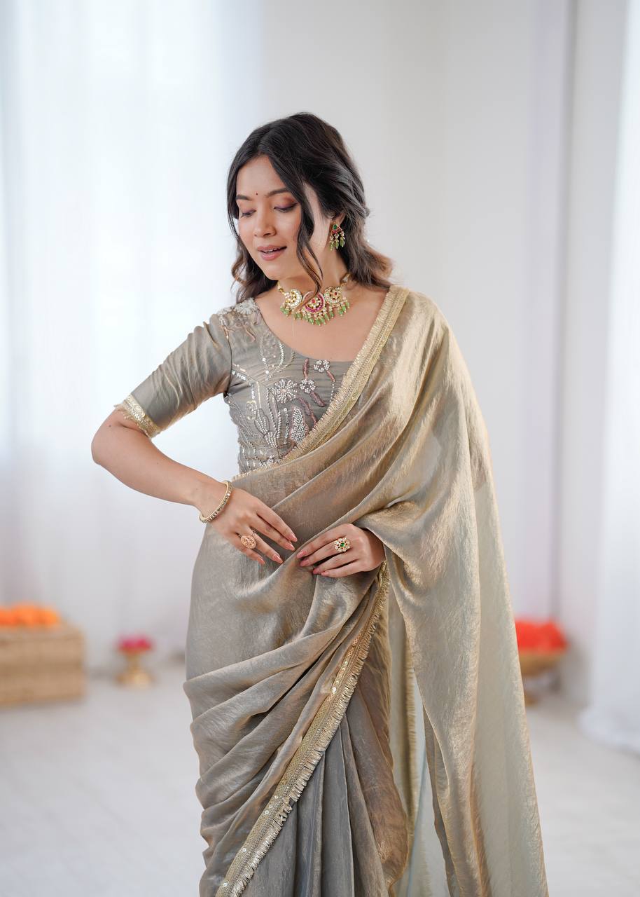 Prazu Fashion Light Grey Golden Shaded Fendi Silk Ready To Wear Saree | Grocsy