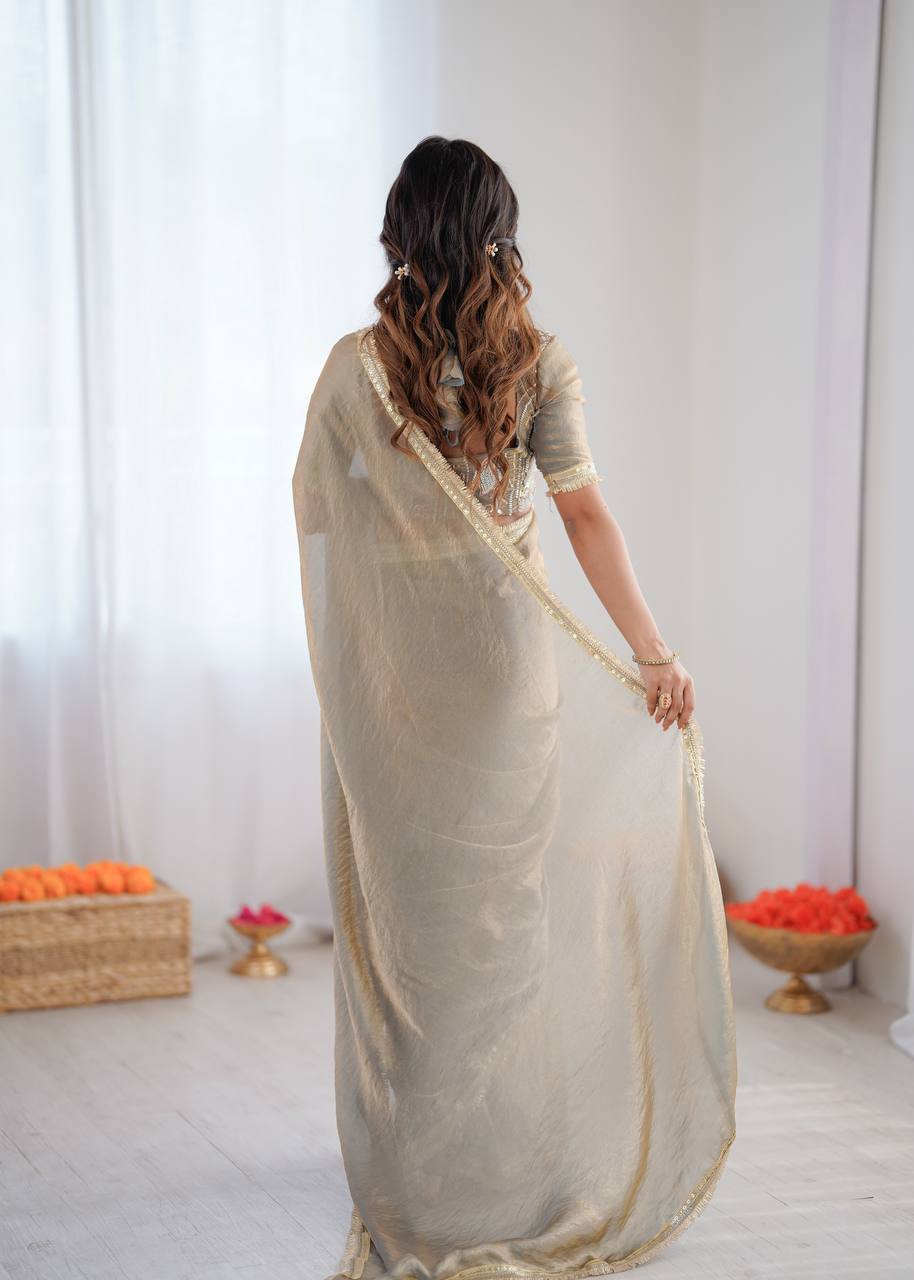 Prazu Fashion Light Grey Golden Shaded Fendi Silk Ready To Wear Saree | Grocsy