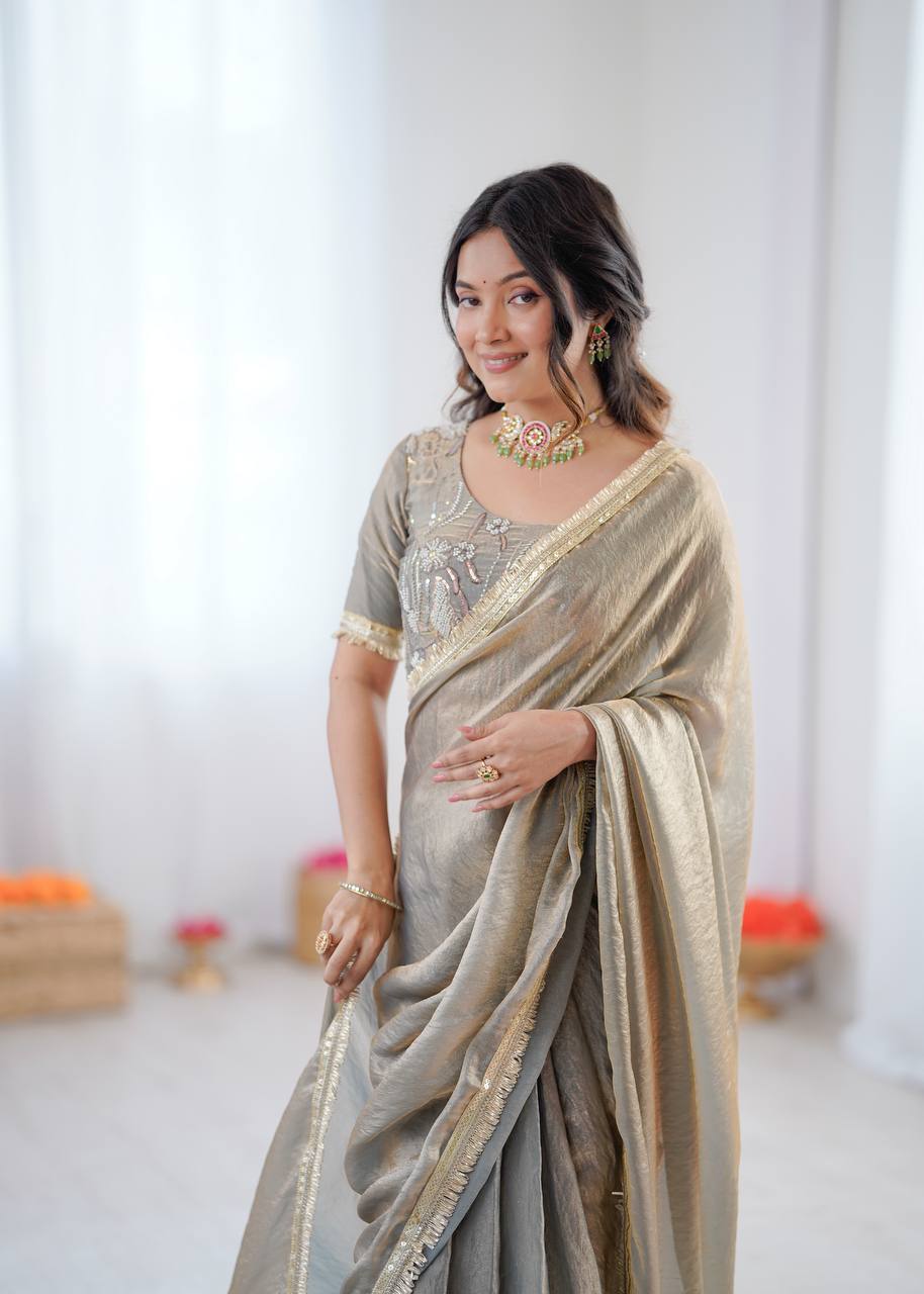 Prazu Fashion Light Grey Golden Shaded Fendi Silk Ready To Wear Saree | Grocsy