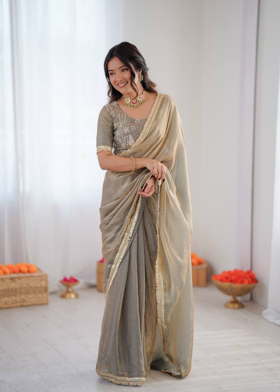 Prazu Fashion Light Grey Golden Shaded Fendi Silk Ready To Wear Saree | Grocsy