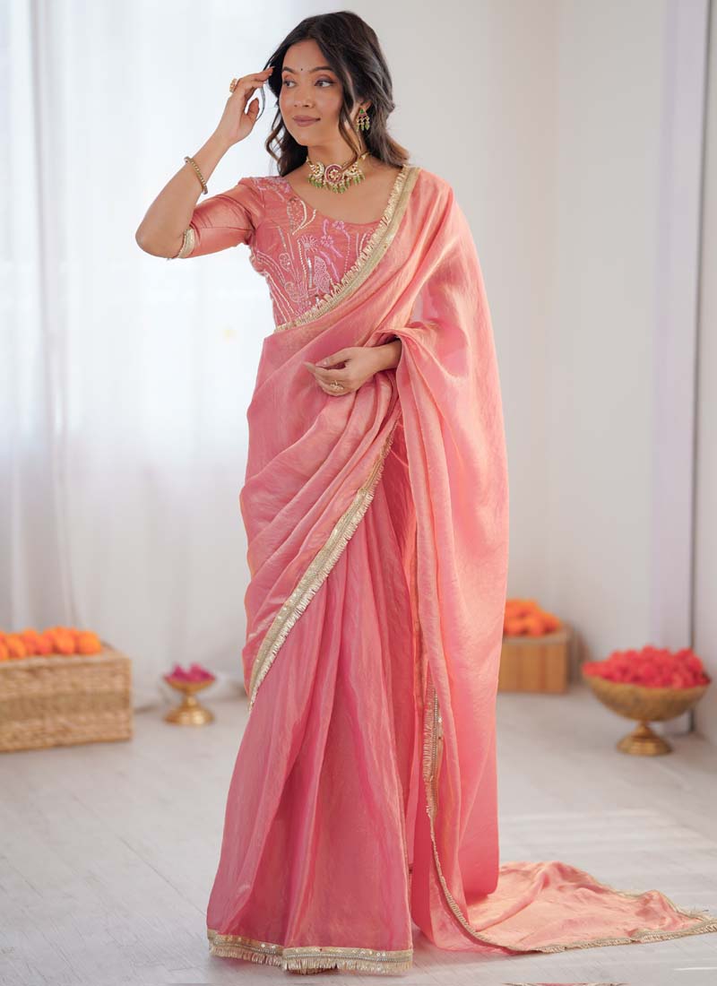 Prazu Fashion Peach Golden Shaded Fendi Silk Ready To Wear Saree | Grocsy