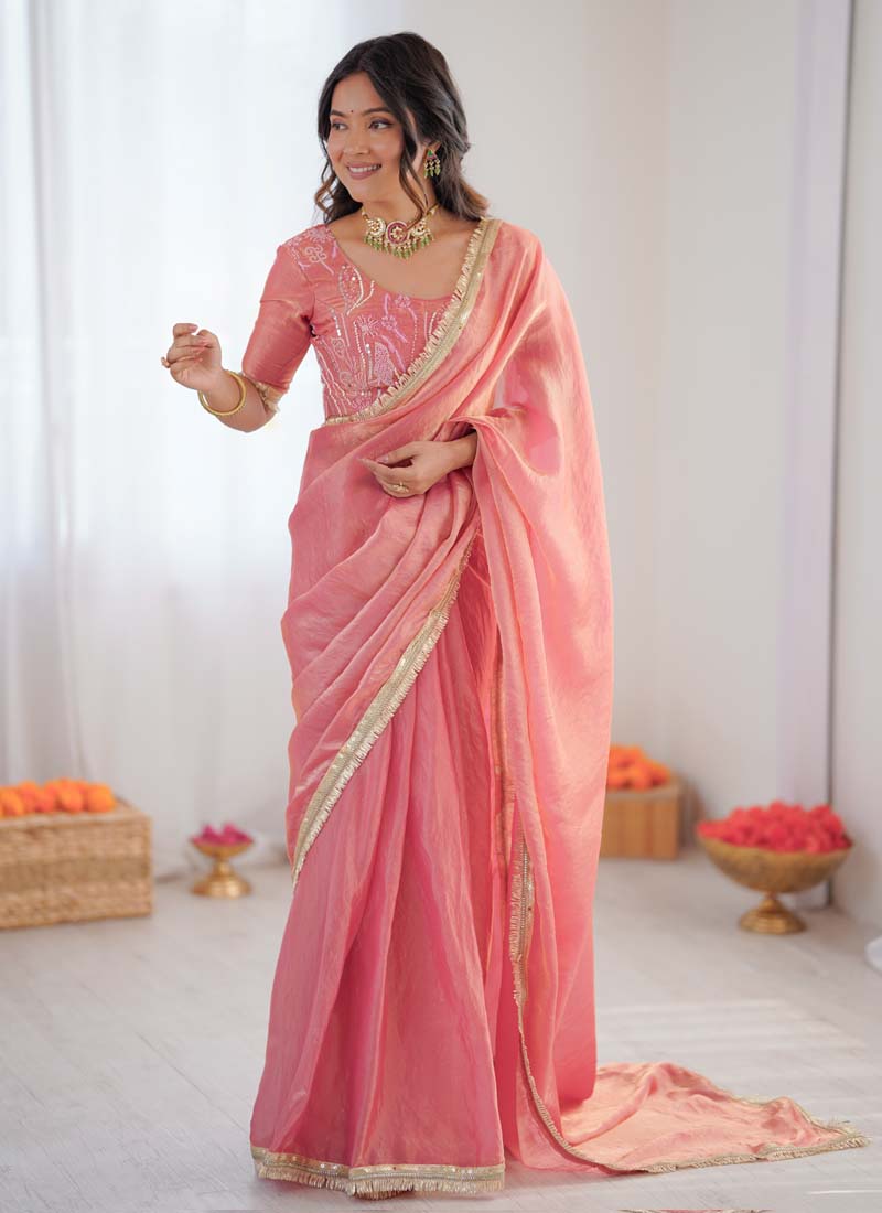 Prazu Fashion Peach Golden Shaded Fendi Silk Ready To Wear Saree | Grocsy