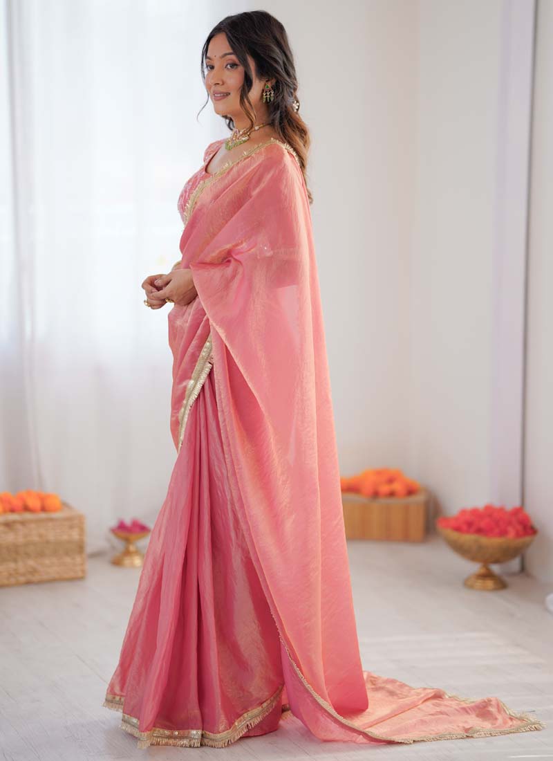 Prazu Fashion Peach Golden Shaded Fendi Silk Ready To Wear Saree | Grocsy