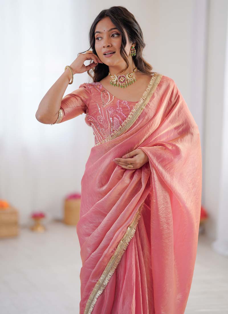 Prazu Fashion Peach Golden Shaded Fendi Silk Ready To Wear Saree | Grocsy