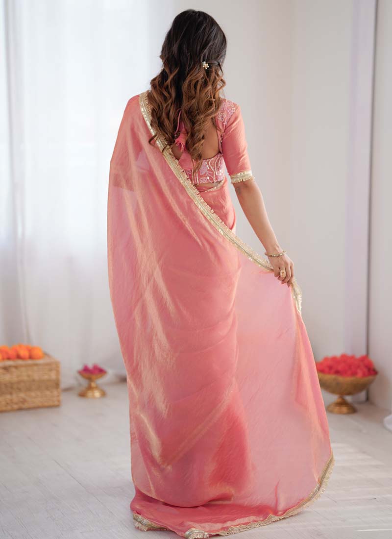 Prazu Fashion Peach Golden Shaded Fendi Silk Ready To Wear Saree | Grocsy