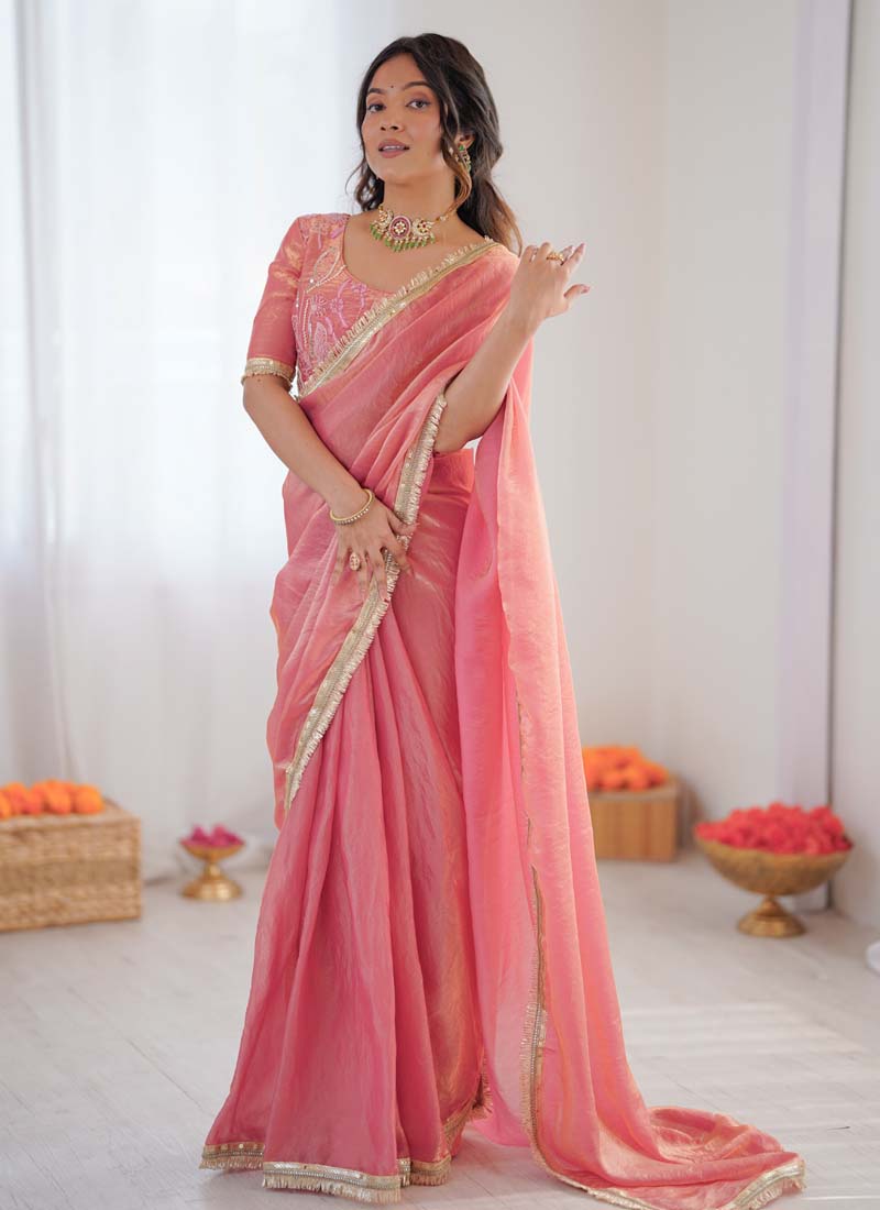 Prazu Fashion Peach Golden Shaded Fendi Silk Ready To Wear Saree | Grocsy
