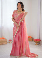 Prazu Fashion Peach Golden Shaded Fendi Silk Ready To Wear Saree | Grocsy