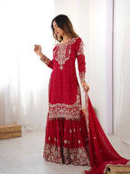 Prazu Fashion Red Faux Georgette Embroidered Thread Work Sharara Suit | Grocsy