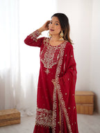 Prazu Fashion Red Faux Georgette Embroidered Thread Work Sharara Suit | Grocsy