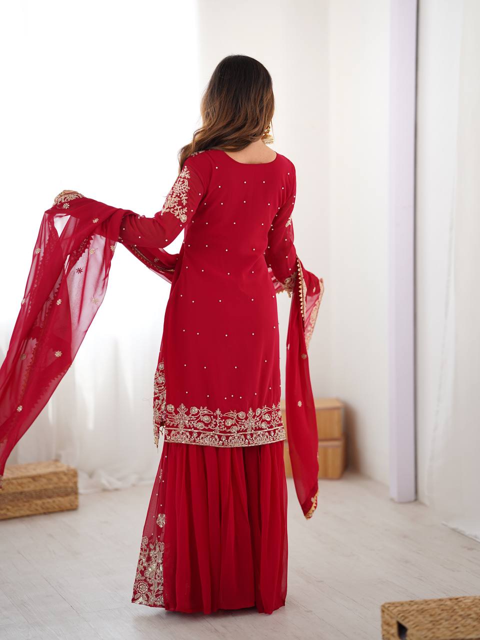 Prazu Fashion Red Faux Georgette Embroidered Thread Work Sharara Suit | Grocsy