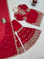 Prazu Fashion Red Faux Georgette Embroidered Thread Work Sharara Suit | Grocsy