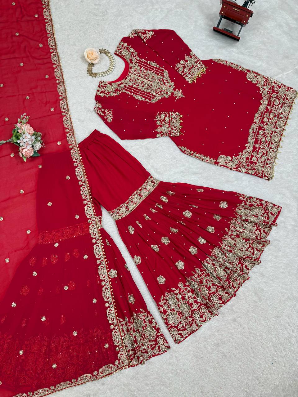 Prazu Fashion Red Faux Georgette Embroidered Thread Work Sharara Suit | Grocsy
