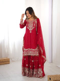 Prazu Fashion Red Faux Georgette Embroidered Thread Work Sharara Suit | Grocsy