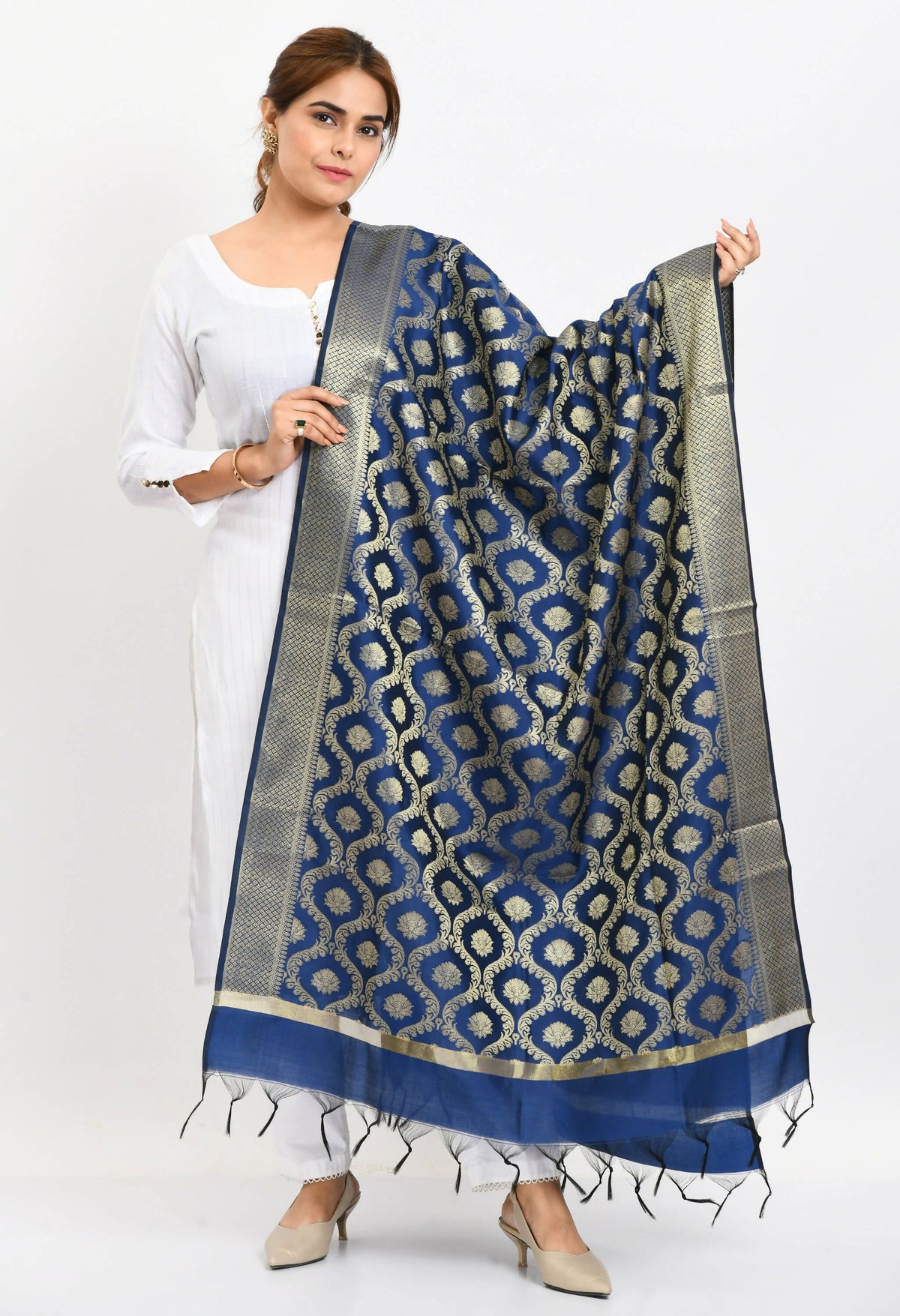 Mominos Fashion Moeza Women's Banarsi Silk All Over Woven Design Navy Blue Dupatta | Grocsy