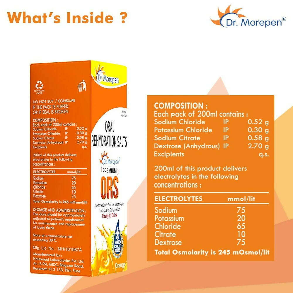 Dr. Morepen Premium ORS Drink With Electrolytes for Instant Hydration Orange Flavour | Grocsy