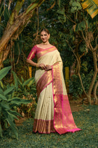 Jyoti Fashion Women's Off White Kanjivaram Silk Zari Woven Saree with Blouse | Grocsy