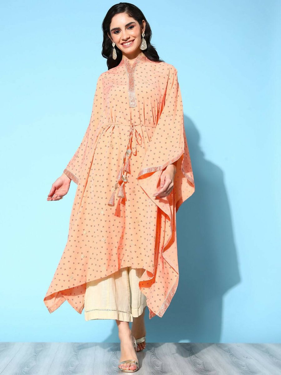 Ahalyaa Women's Peach Crepe Printed Kaftan Kurta | Grocsy