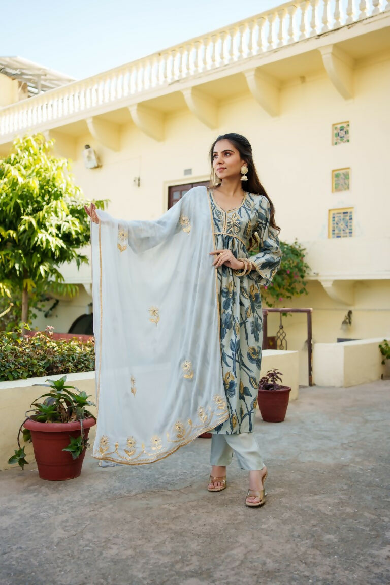 Vaasva Women SkyBlue Muslin Embroidered Kurta,Pant & Dupatta Set | Grocsy
