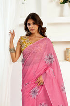 Joban Fashion Baby Pink Geomatric Linen Ready To Wear Saree With Unstitched Blouse | Grocsy