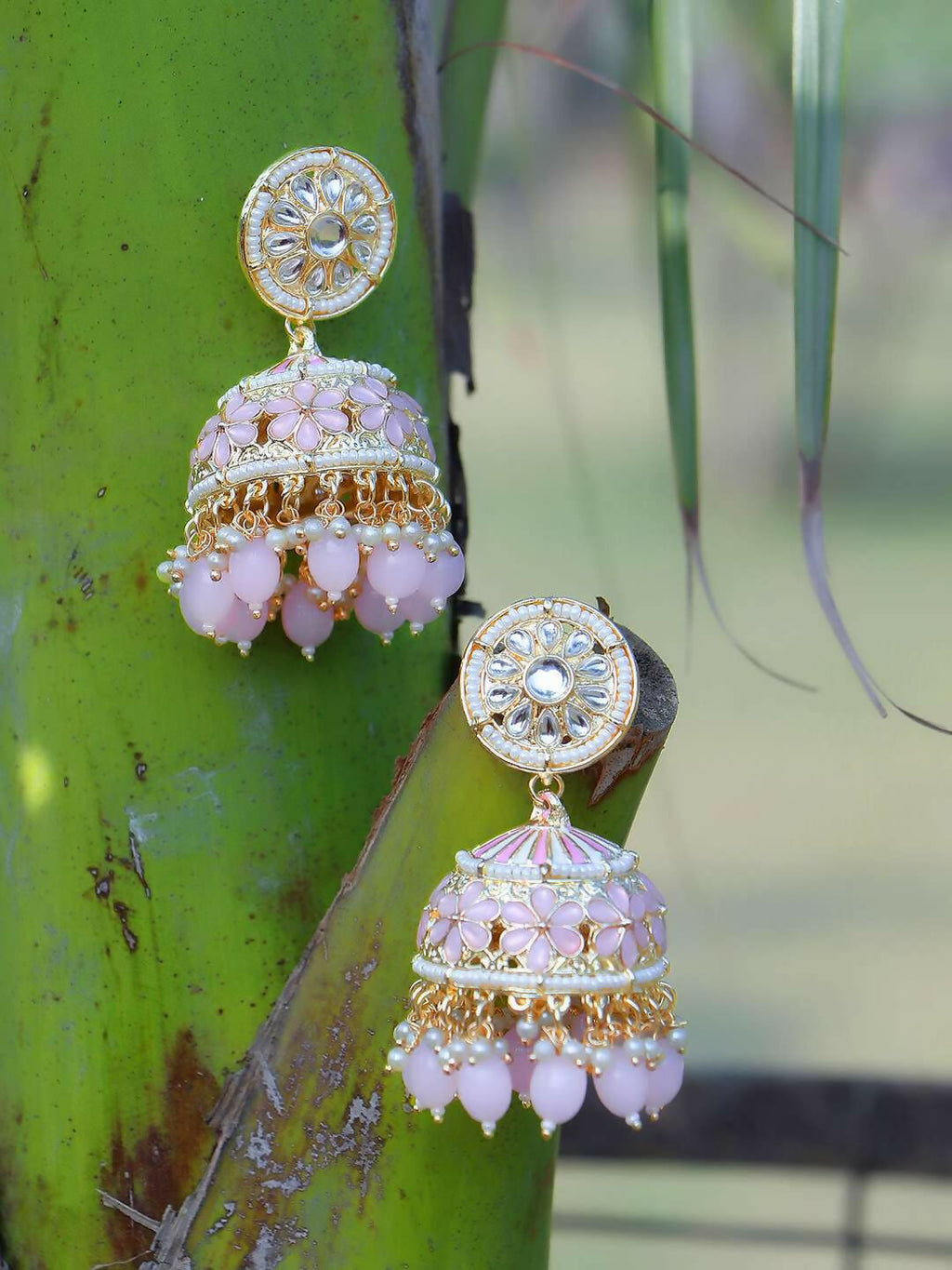 Meenakari Pink Jhumka Earrings By House of Ree - Swadesiicart