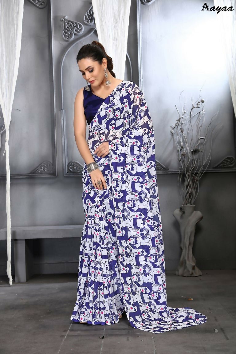 Aayaa Designer Printed Georgette Saree - Multi Color | Grocsy