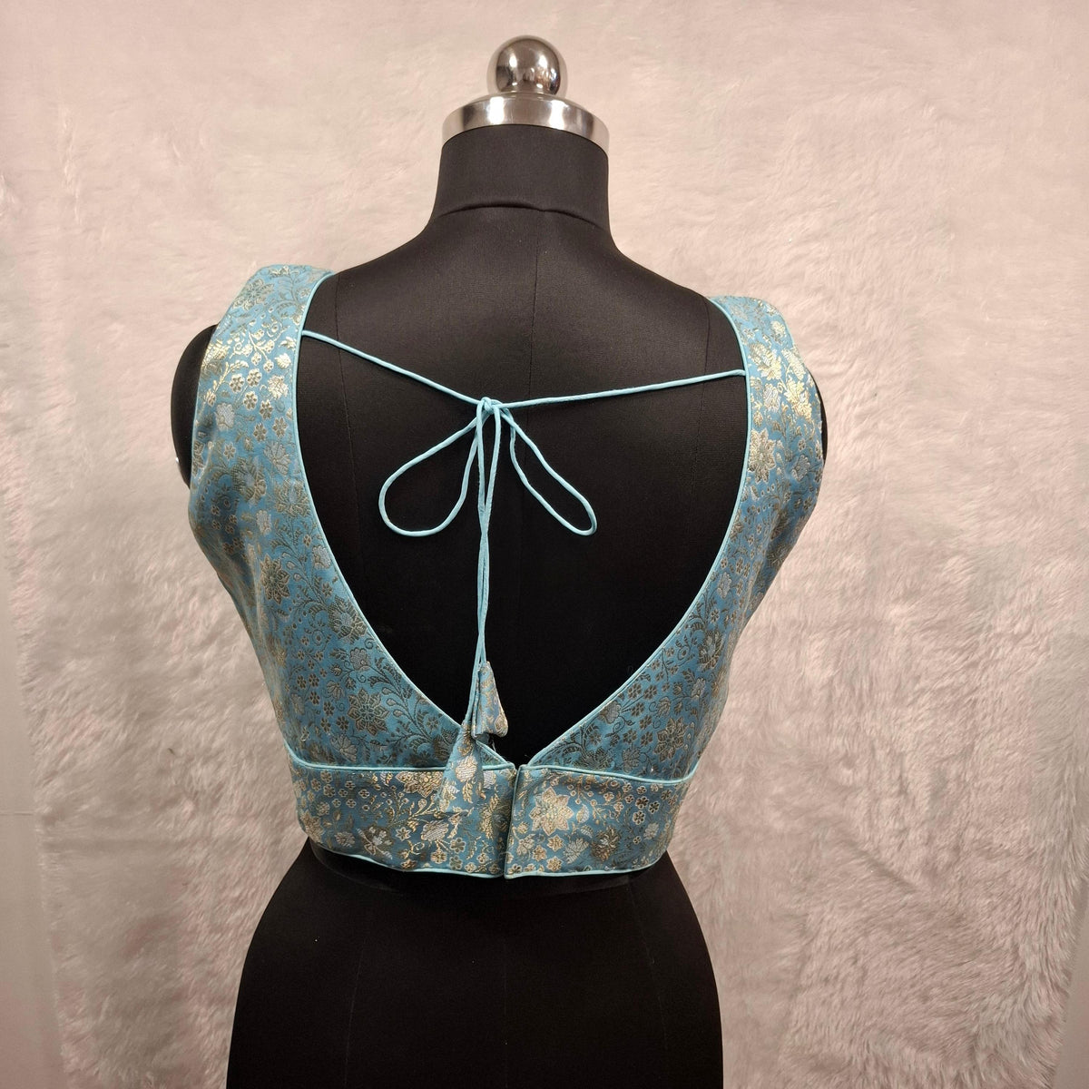 Kia Fashions Blue Banarasi With Gold & Silver Weave Readymade Blouse | Grocsy