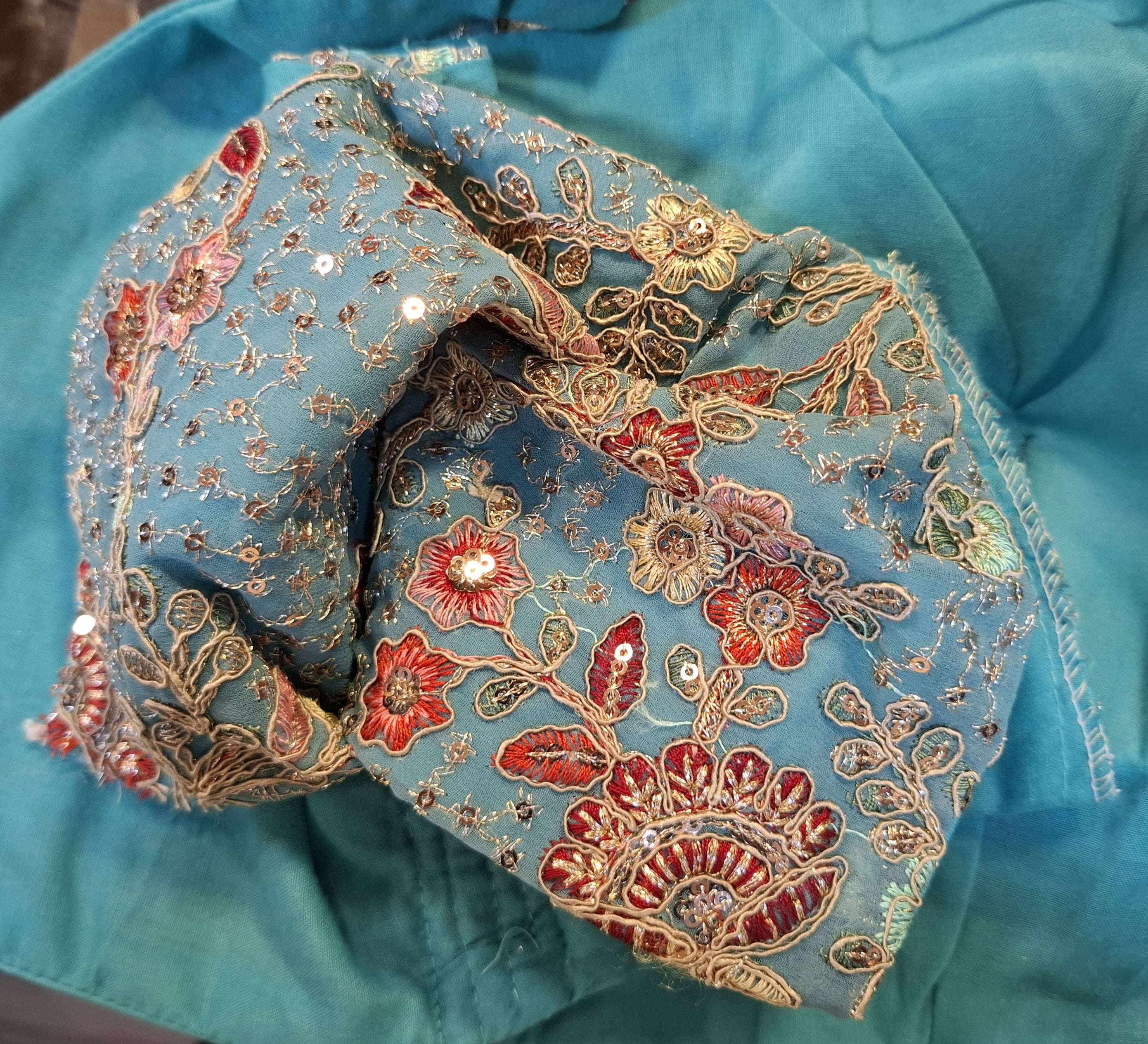 Kia Fashions Aqua Blue Georgette Multi Color Emb & Sqn Readymade Blouse | Grocsy