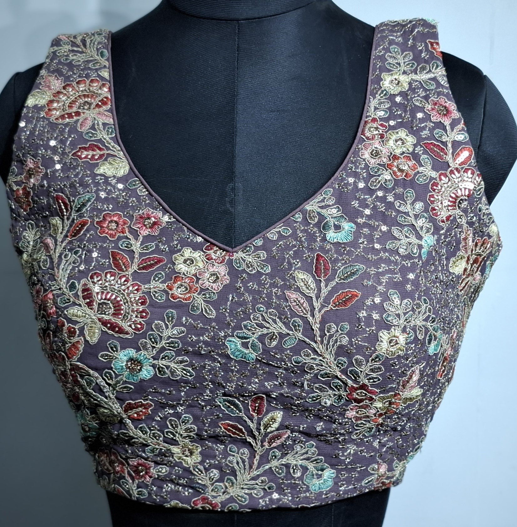 Kia Fashions Dusty Mauve Georgette Multi Color Emb & Sqn Readymade Blouse | Grocsy