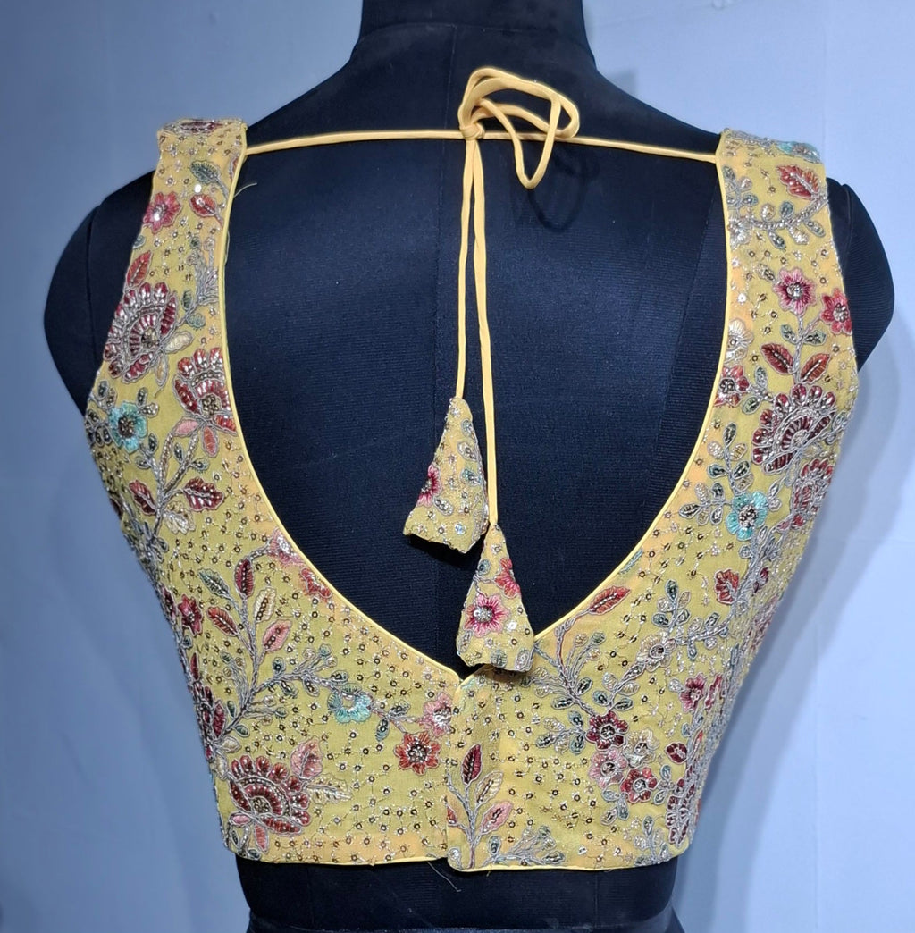 Kia Fashions Eggyolk Yellow Georgette Multi Color Emb & Sqn Readymade Blouse | Grocsy