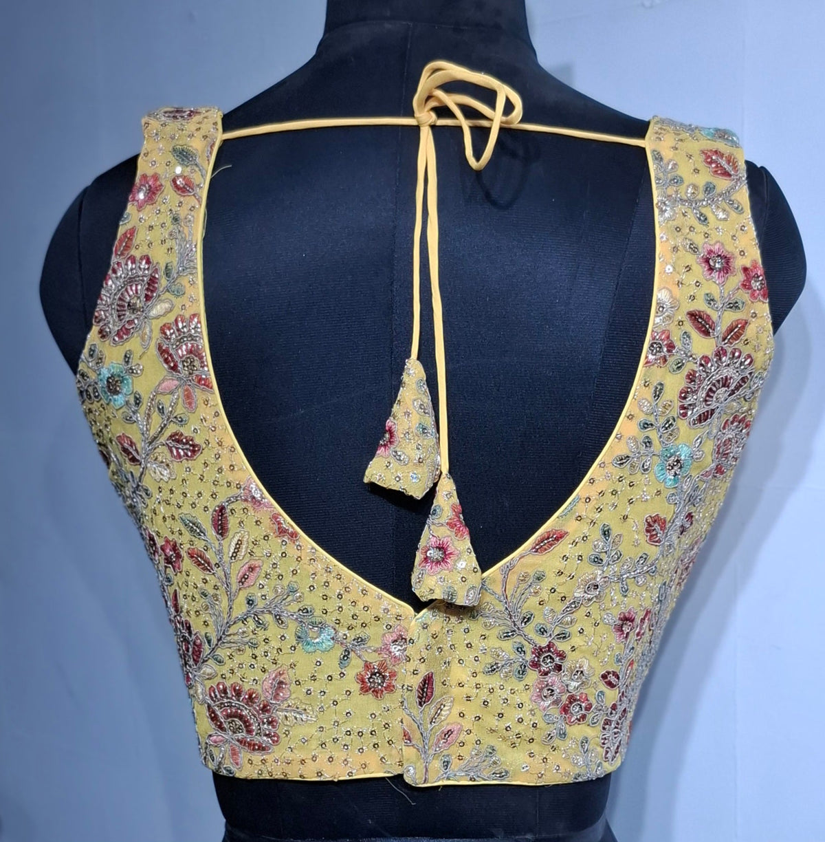 Kia Fashions Eggyolk Yellow Georgette Multi Color Emb & Sqn Readymade Blouse | Grocsy
