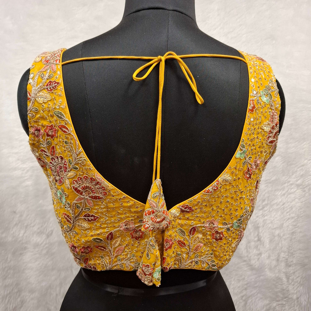 Kia Fashions Mustard Yellow Georgette Multi Color Emb & Sqn Readymade Blouse | Grocsy
