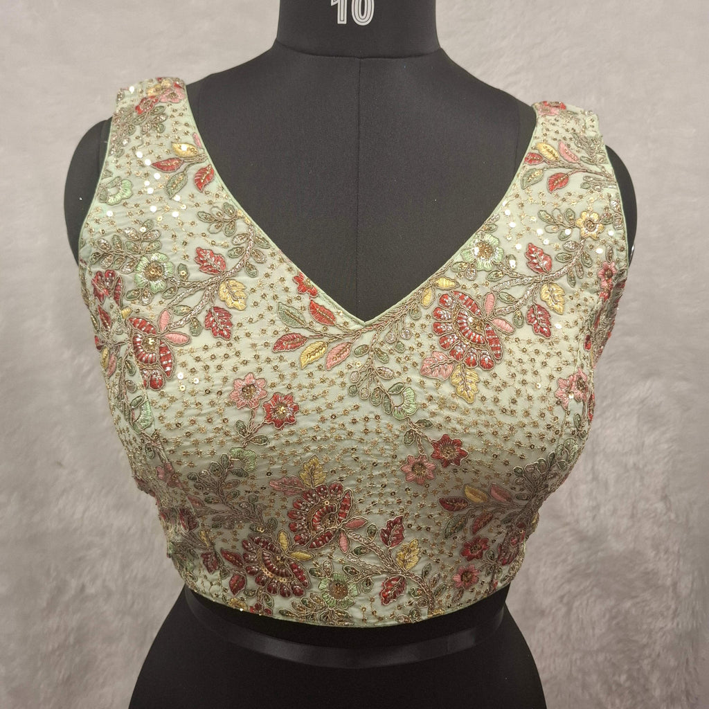 Kia Fashions Pistachio Green Georgette Multi Color Emb & Sqn Readymade Blouse | Grocsy