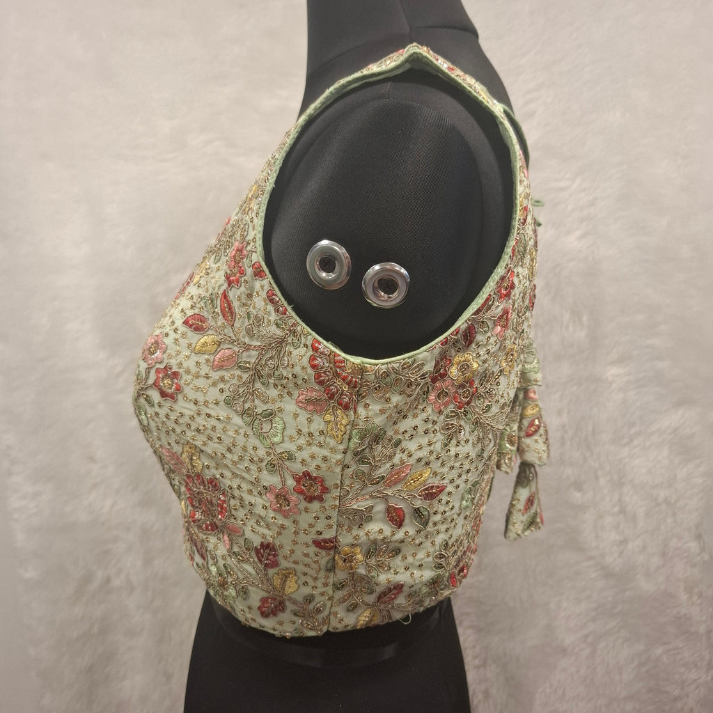 Kia Fashions Pistachio Green Georgette Multi Color Emb & Sqn Readymade Blouse | Grocsy