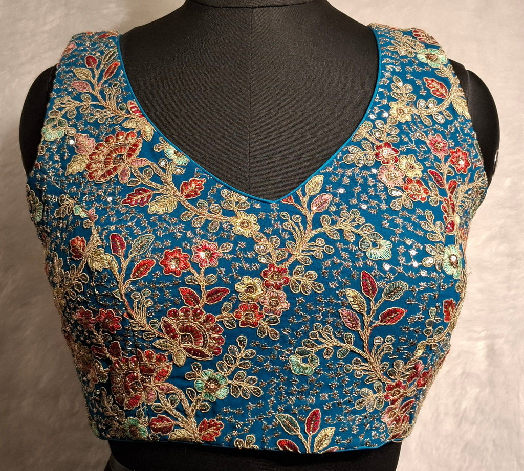 Kia Fashions Turquoise Blue Georgette Multi Color Emb & Sqn Readymade Blouse | Grocsy