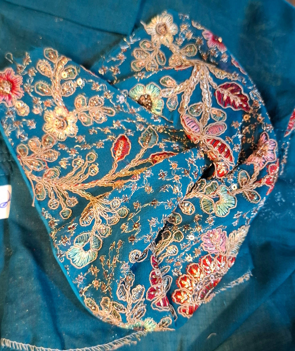 Kia Fashions Turquoise Blue Georgette Multi Color Emb & Sqn Readymade Blouse | Grocsy