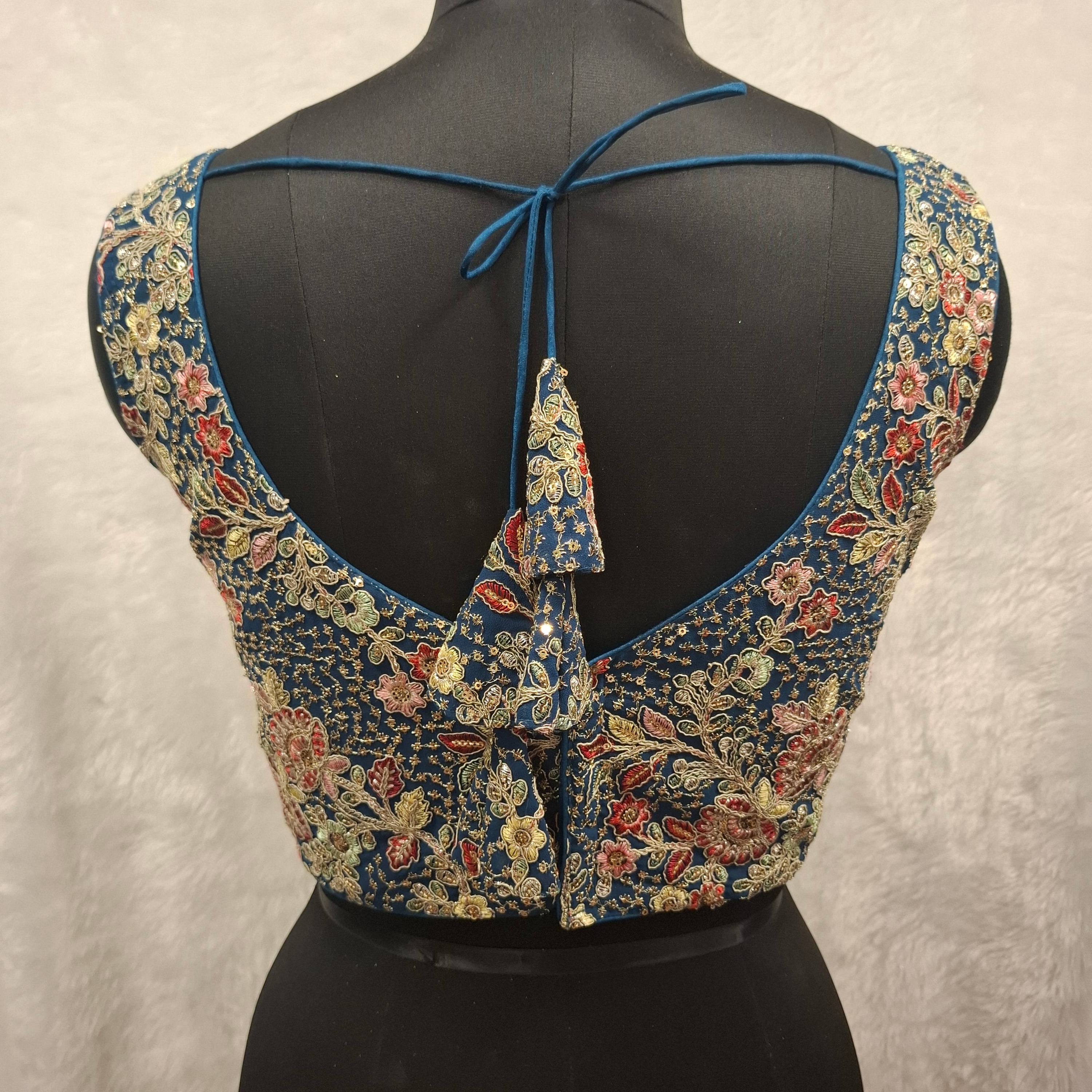 Kia Fashions Teal Blue Georgette Multi Color Emb & Sqn Readymade Blouse | Grocsy
