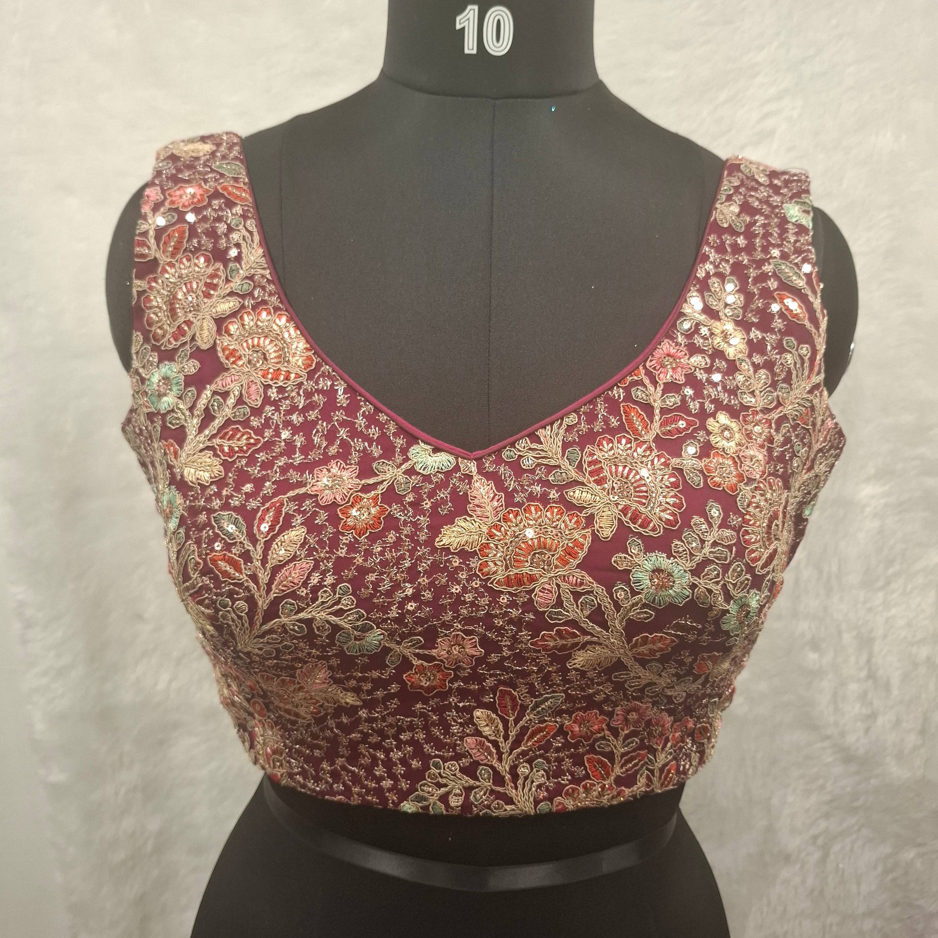 Kia Fashions Wine Georgette Multi Color Emb & Sqn Readymade Blouse | Grocsy