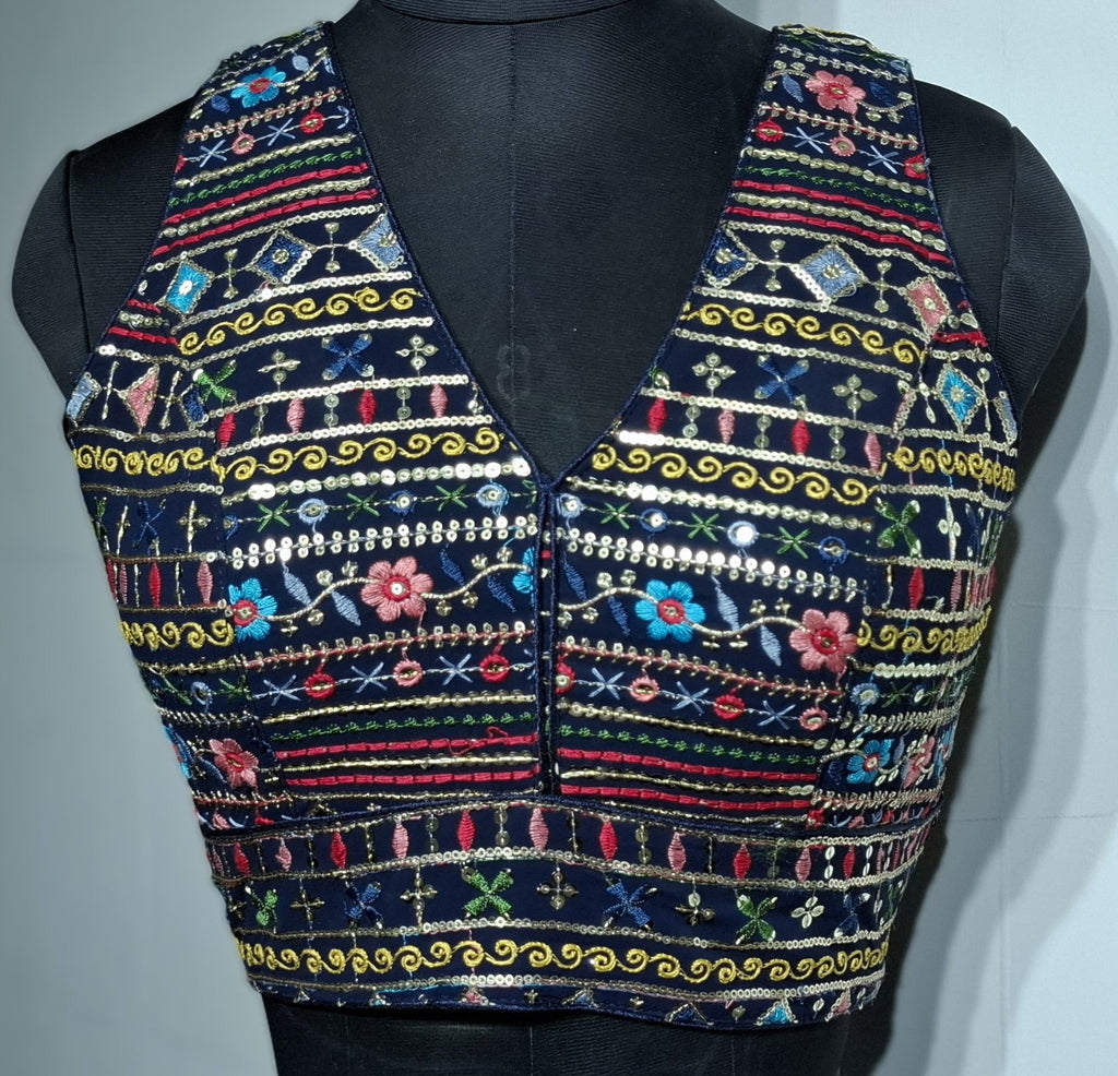 Kia Fashions Navy Blue Multi Color Embroidered Readymade Blouse | Grocsy
