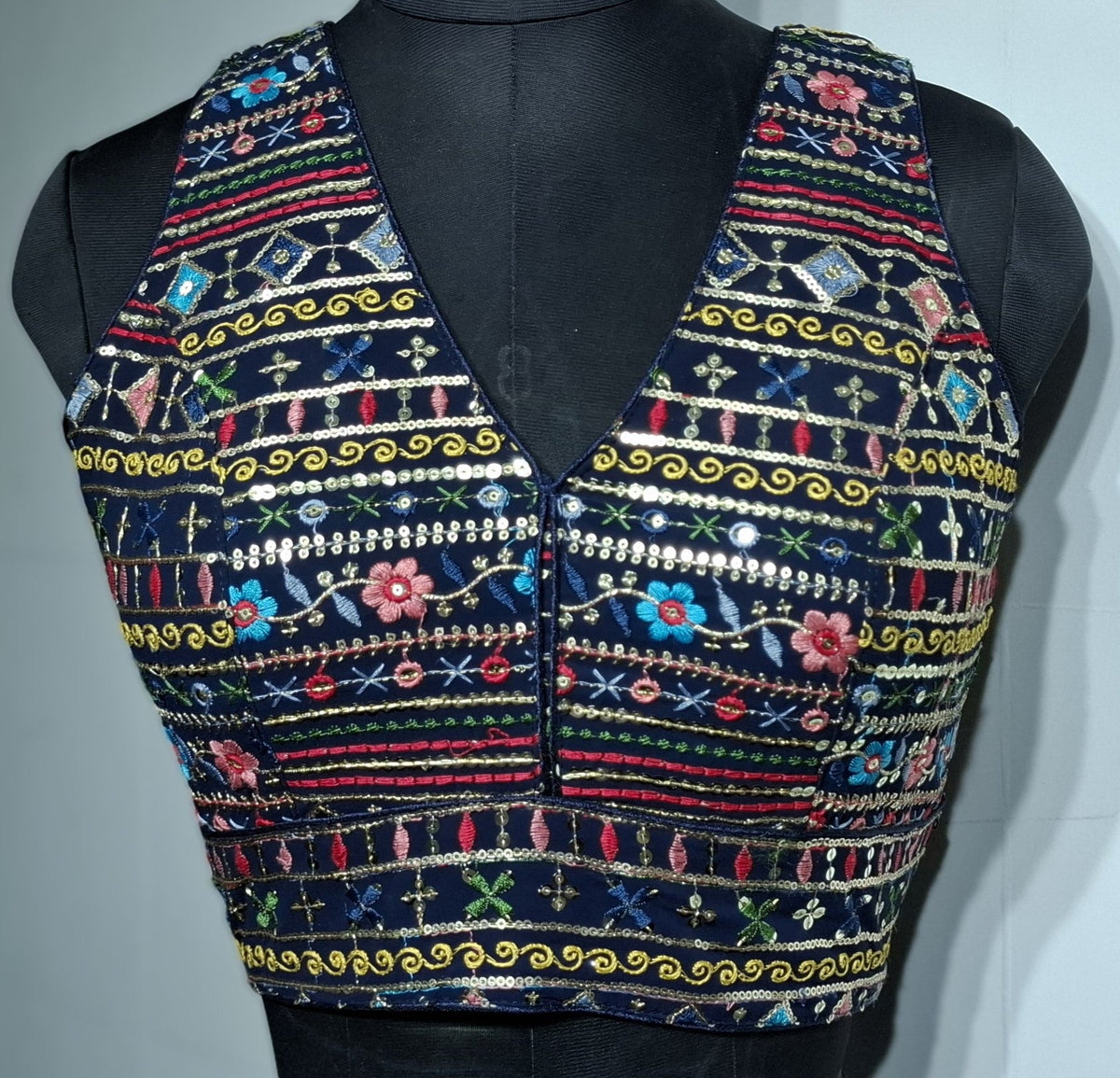 Kia Fashions Navy Blue Multi Color Embroidered Readymade Blouse | Grocsy