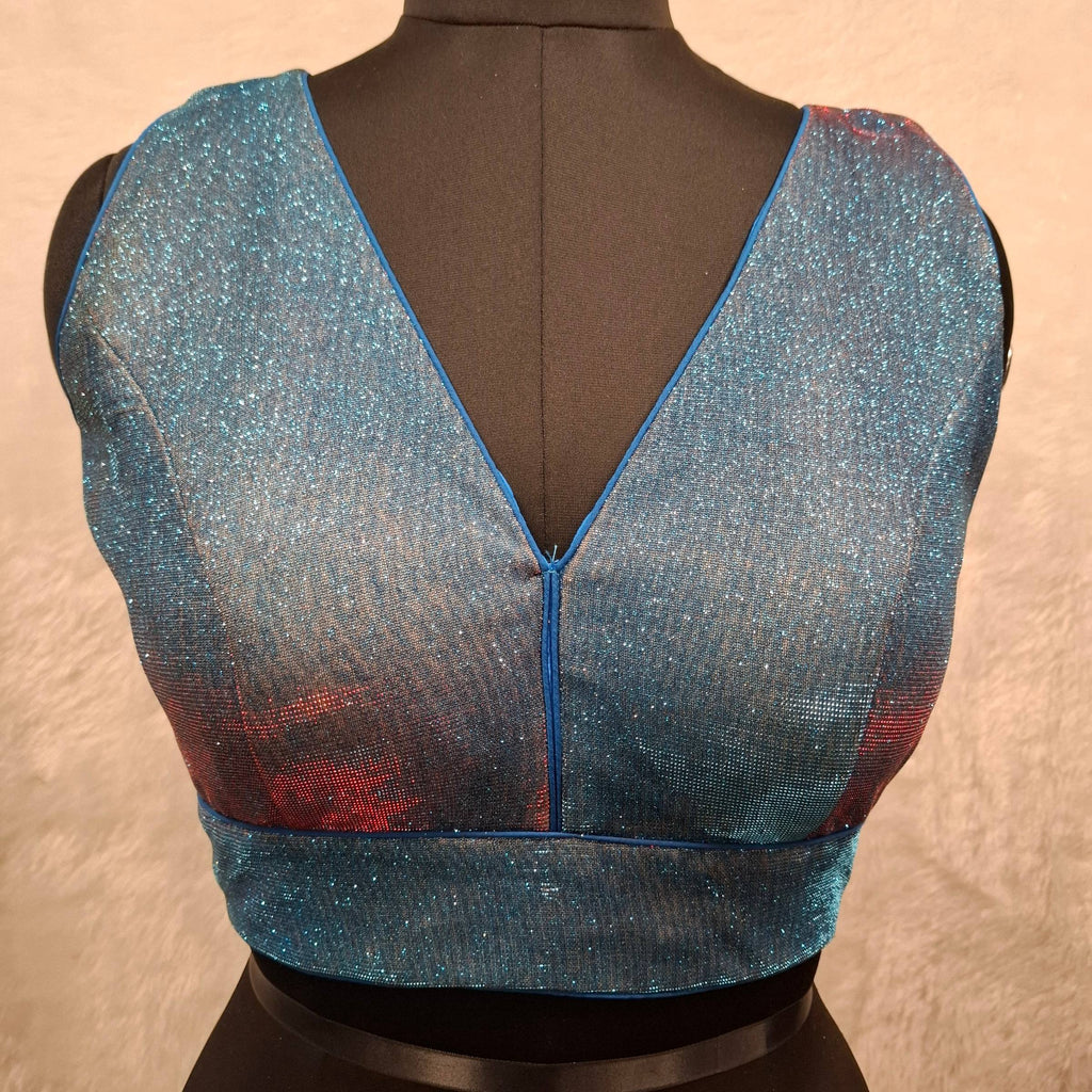 Kia Fashions Blue Red Dual Tone Glitter Fabric Readymade Blouse | Grocsy