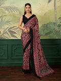 Dwija Fashion Women'S Party Wear Digital Printed With Mirror Work Chinon Silk Designer Saree With Unstitched Blouse-Deep Maroon | Grocsy