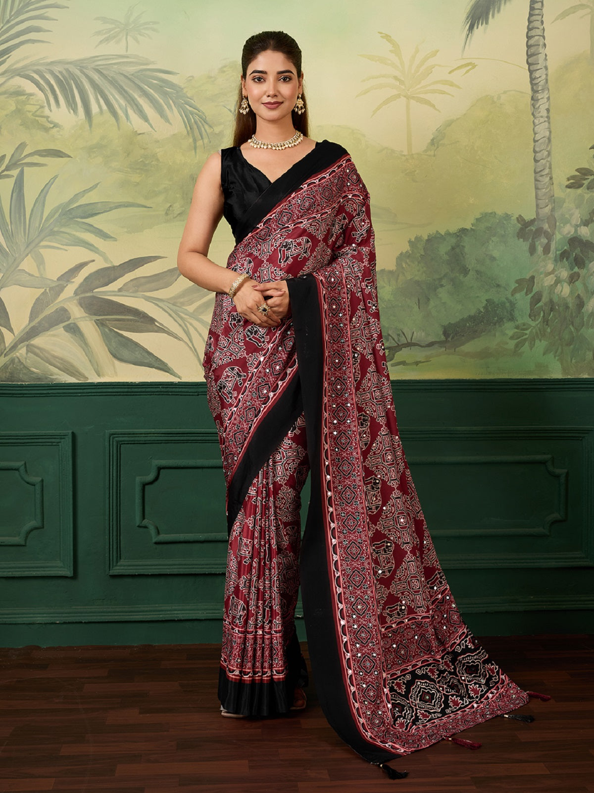 Dwija Fashion Women'S Party Wear Digital Printed With Mirror Work Chinon Silk Designer Saree With Unstitched Blouse-Deep Maroon | Grocsy